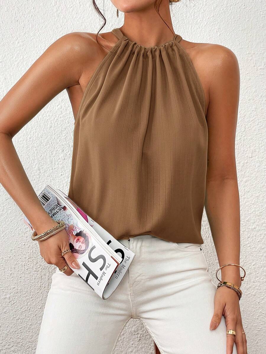 Firerie Summer Casual Solid Color Tie Neck Shirt - Coffee Brown - View 1