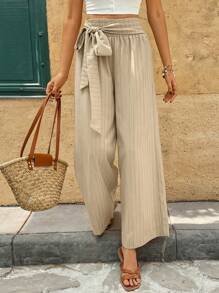 SHEIN Frenchy Women's Vacation Knotted Waist Striped Wide Leg Loose Pants Winter Casual - Apricot - View 5
