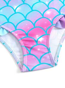 WESTFADE Young 3 pièces/Ensemble Maillots de bain pour toutes petites filles, Imprimé écailles de poisson mignon avec décoration de coquillage, Ensemble bikini queue de sirène