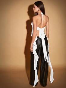 Hauture 自系纯色荷叶边前开衩挂脖长上衣 - 白色 - 查看 2