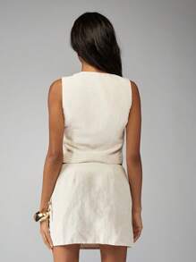 MISSGUIDED Set estivo in due pezzi in lino con perline, top corto smanicato con lacci e dettagli di bottoni, gonna midi, abbigliamento da spiaggia, resort, festival