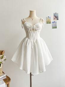 Soleia Vacation Casual Solid Color Hollow Out Spaghetti Strap Mini Dress - White - View 6