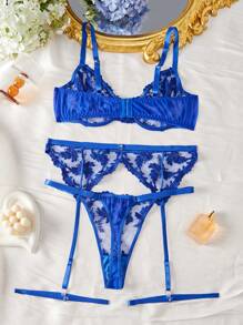 SHEIN 5pcs/Set Plus Size Women's Sexy Lingerie Set With Garter - Blue - View 2