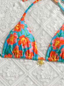 Swim Mod Zomerstrand, halter triangel bikinitop met willekeurige bloemen en metallic decoratie