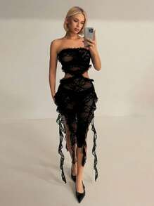 SHEIN ICON Lace Waist Cutout High Slit Ruffle Hem Sheer Back Halter Dress - Black - View 1