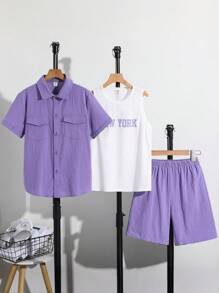 Ensemble 3 pièces pour préadolescents: polo violet et blanc, shorts à taille élastique, et débardeur imprimé de lettres sans manches. Convient pour les vacances d'été, les tenues décontractées et de sport