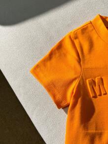 花朵图案灰色压花街头时尚男婴套装带凸起纹理卡其色男婴套装男婴纯色男婴套装 - 橘色 - 查看 8