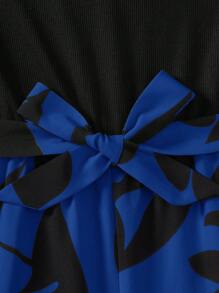 SHEIN LUNE SHEINLUNE Plus Size Women's Princess Sleeve Tie Waist Straight Leg Wide Leg Black&Pink Floral Jumpsuit, Old Money,Summer Outfits For Women, Old Money, Spring Break Outfits , Modesty Clothes Women Summer Boho Old Money Summer Outfits For Women Spring Break Rave Outfits Festival Spring Break Outfits - Royal Blue - View 5