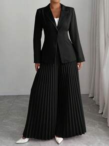 Elenzga Plus Size Solid Color Long Sleeve Striped Pleated Pants Suit Set Graduation,Back To School,Teacher Outfits For Women
