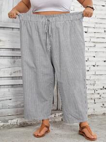 SHEIN CURVE+ Plus Size Vacation & White Striped Ruffle Waist Straight Leg Cropped Pants, Casual Bohemian Trousers