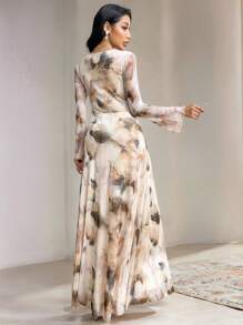 Veilorie Women's Tie-Dye Print Round Neck Long Sleeve Elegant Extra Long Dress Dresses For Women Elegant Women Formal