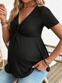 SHEIN T-shirt de maternité à col V, manches courtes, de couleur unie, simple et pour l'été