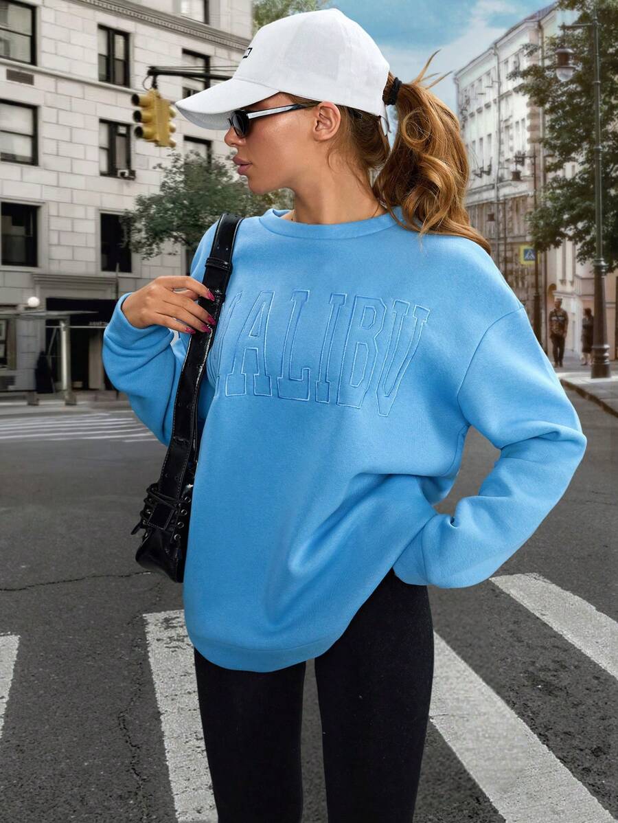RueChic Women Casual Slogan Malibu Embroidery Oversize Sweatshirt - Blue - View 1
