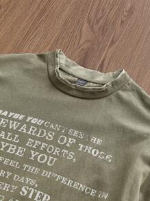 SWAVVY 男士针织时尚休闲日常棉质时尚都市英文字母印花拼接宽松长袖 T 恤，90 年代风格，适合朋友、夏季、秋季 - 軍綠色 - 查看 3