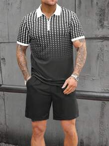 Manfinity CasualCool Men's Summer Casual Vacation Black And White Geometric Print Contrast Zipper Polo Shirt Collar And Solid Color Shorts Set Outfits Husband Gifts - Black and White - View 5