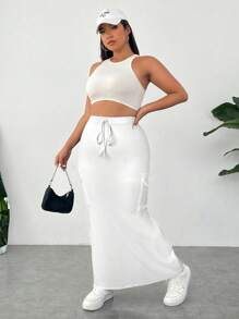 SHEIN EZwear 大码女式休闲高腰系带白色工装中长裙 - 白色 - 查看 3