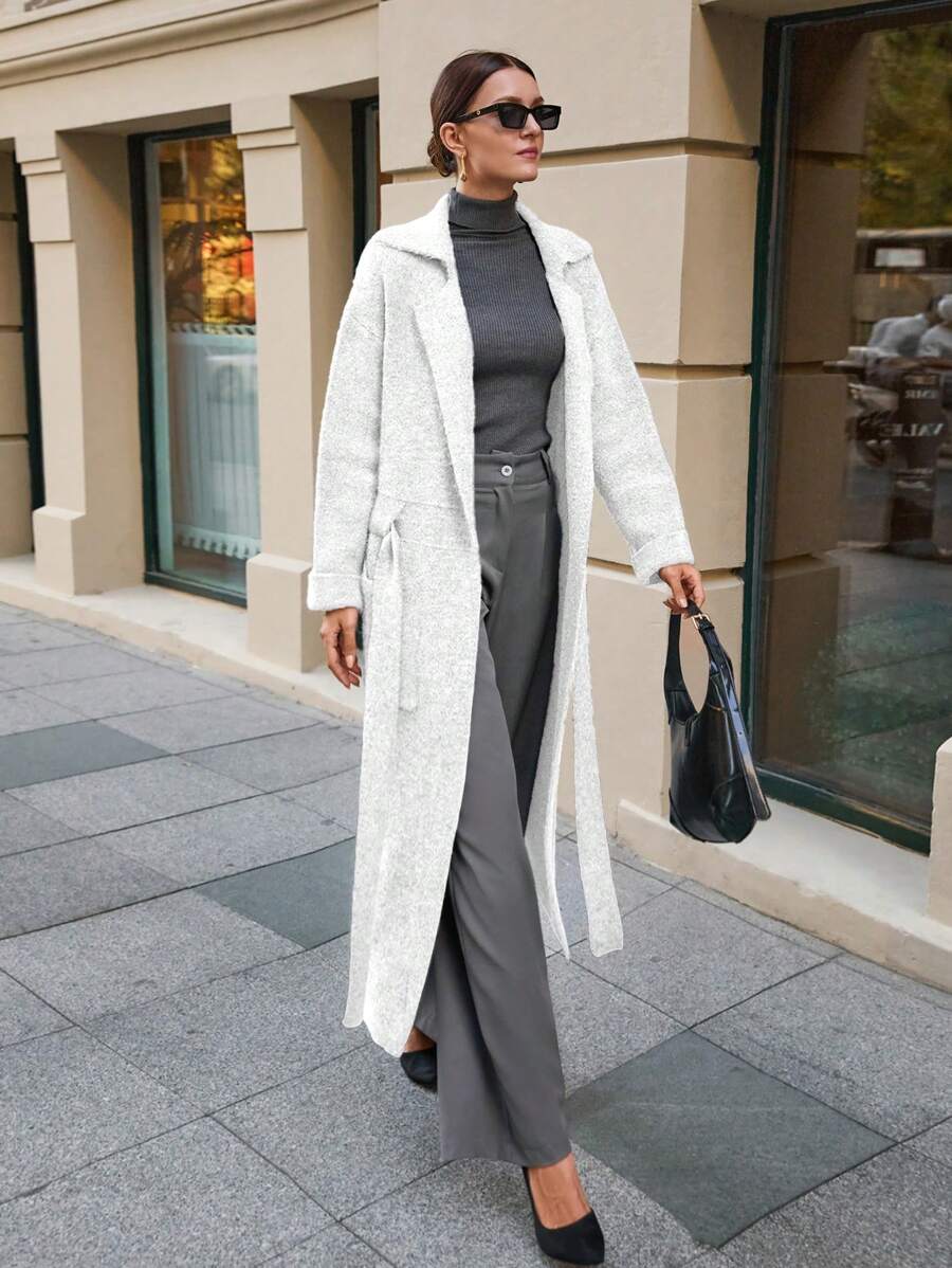 EURMUSE Maxi Cardigan With Belt Outwear Jacket Fall Winter - Apricot - View 1