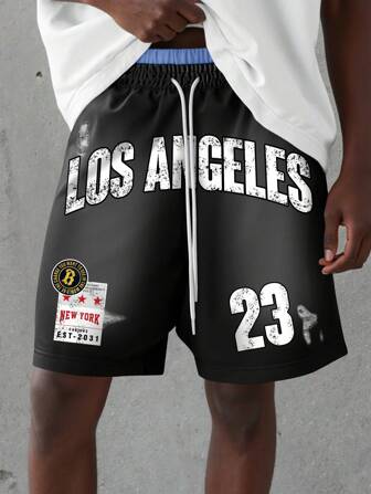 Prep Men's Number Letter Print Front Tie Waist Casual Shorts