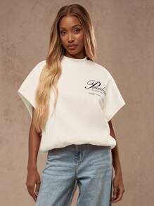 MISSGUIDED 超大号无袖圆领运动衫，带品牌标志，休闲运动街头风，春夏经典舒适上衣 - 奶油色 - 查看 2