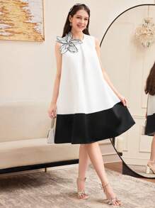 SHEIN Teen Girl 3D Floral Decor Colorblock Sleeveless Round Neck A-Line Dress - Black and White - View 5