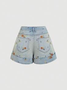 SHEIN MOD Pantaloncini di jeans larghi, casual, con ricamo floreale a pois, in stile allentato con pieghe