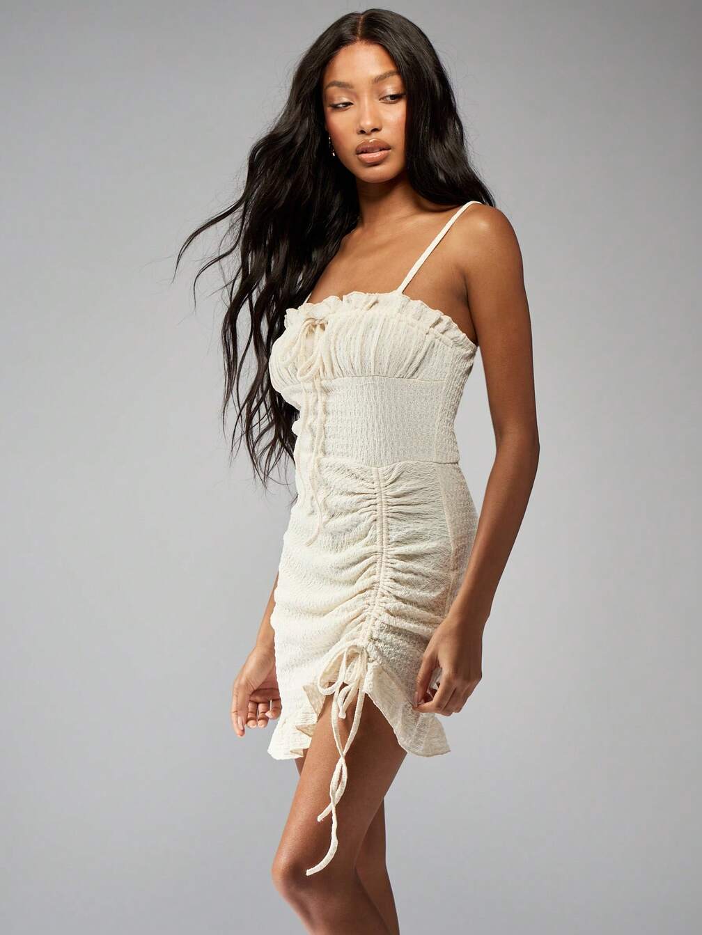 smocked ruched dress Solid Ruched V-Neck Smocked Waist Tiered Midi Dress