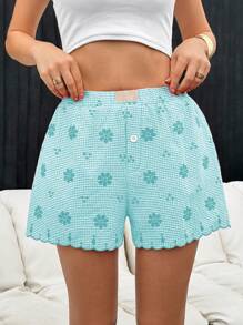 SHEIN Essnce 2024 Neuer Sommer Rot und Weiß karierten Stickerei Damen Shorts Casual - Grün - Übersicht 1