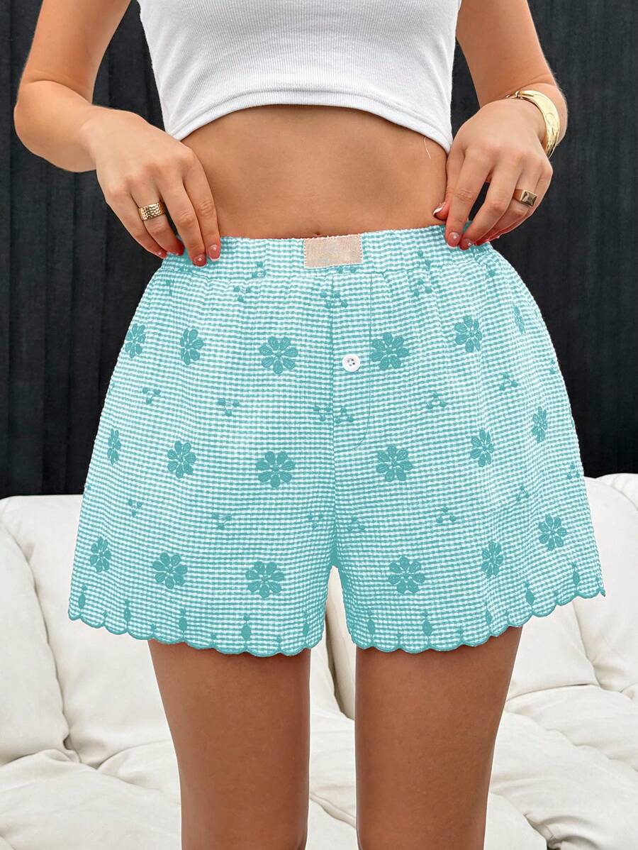 SHEIN Essnce شورتات صيفية 2024 للنساء ذات نقشات منسوجة باللونين الأحمر والأبيض بشكل عادي - أخضر - مشاهدة 1