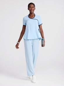 TaskEZ Contrast Color Trim Short Sleeve Top & Pants Nurse Scrub Uniform Set, Scrubs Scrubs For Women Women Clothing 2 Pieces Scrub Sets For Women - Baby Blue - View 7