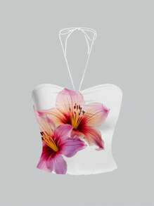 Glamance myriadwaveart Floral Print Women's Cropped Halter Top, Summer Music Festival Beach Holiday