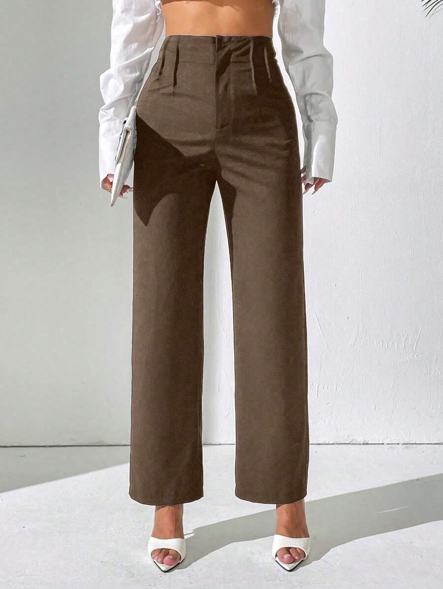 SHEIN PETITE 女士纯色高腰褶皱直筒宽松休闲裤 - 棕色 - 查看 1