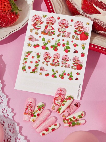 Strawberry Shortcake X SHEIN Pegatinas decorativas de fresas de dibujos animados lindos, se pueden cortar, superponer y combinar libremente, adecuadas para decorar uñas, tazas, papelería, agendas, etc.