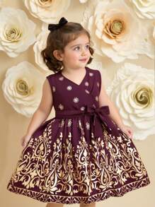 Ramadan Holiday Baby Girls' Luxury Golden Print V-Neck Dress - Purple - View 1