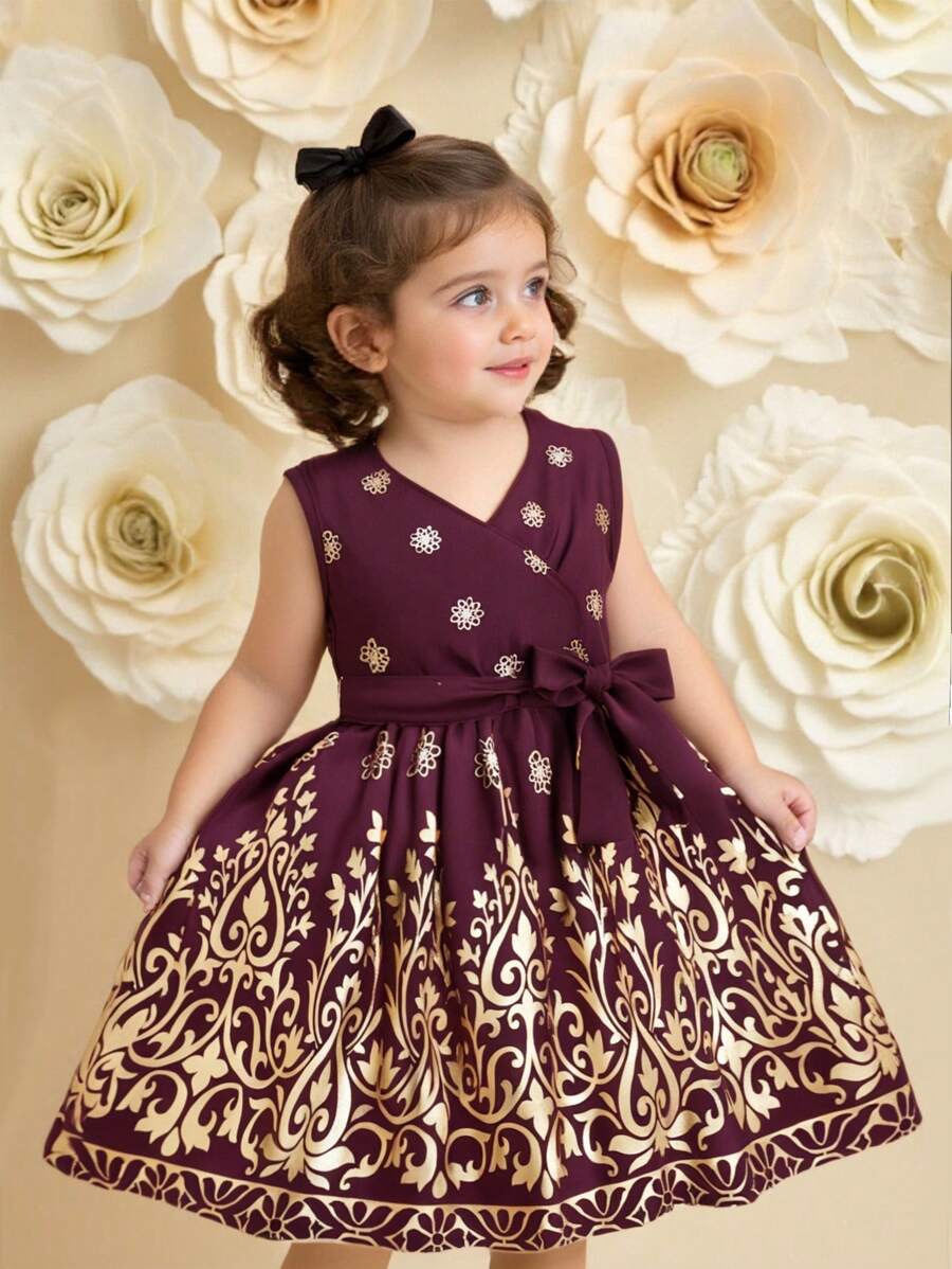 Ramadan Holiday Baby Girls' Luxury Golden Print V-Neck Dress - Purple - View 1