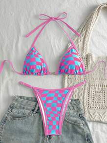 Swim Mod 2 件套春假女士格纹印花露背性感比基尼套装 - 彩色 - 查看 1