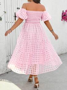 Breezaya Plus Size Women's Elegant French Waist Cinched Off Shoulder Puff Sleeve Puffy A-Line Dress