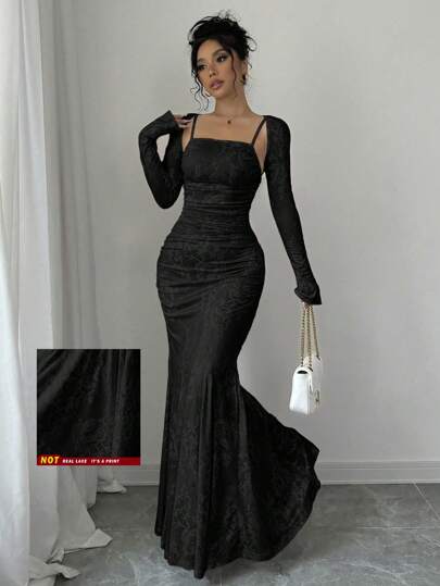 Selianne Ladies Lace Fake Strap Pleated Dress & Long Sleeve Cardigan Elegant 2Pcs Set (Random Cut)