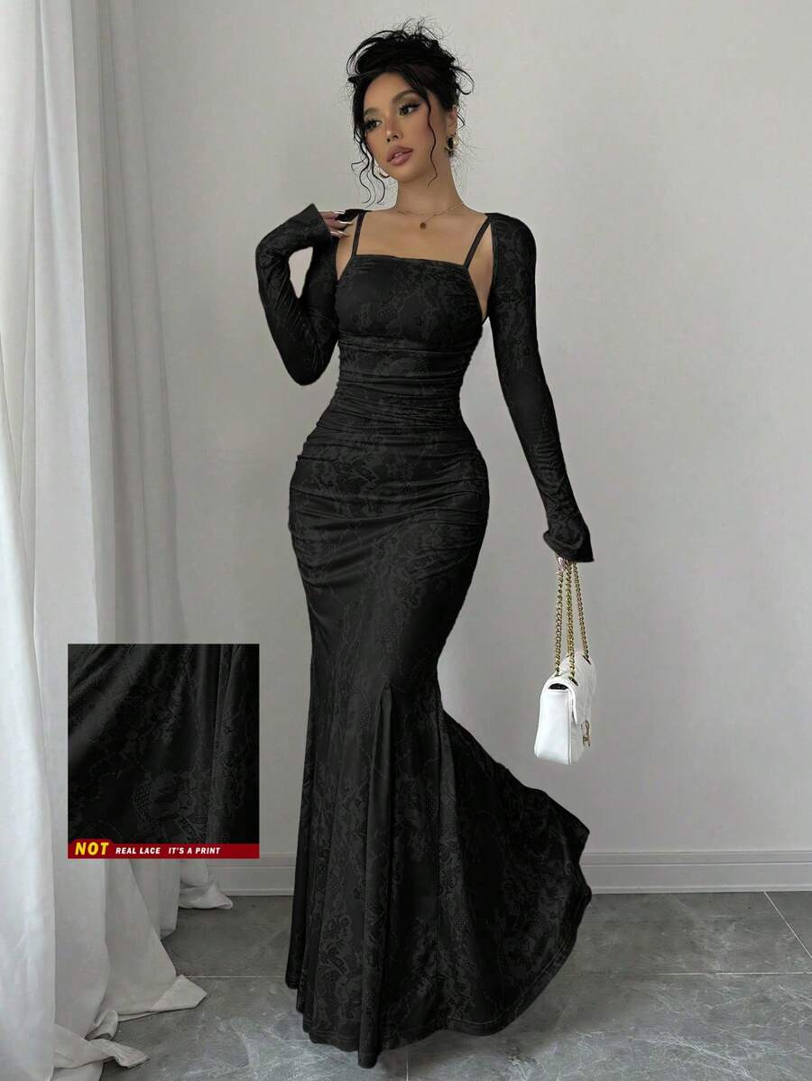 Selianne 女士蕾丝假肩带褶皱连衣裙和长袖开衫优雅 2 件套（随机剪裁） - 黑色 - 查看 1