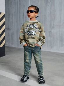 SHEIN YOUNG BOYS Vintage Distressed Washed Straight Leg Jeans, Casual Fashion Street Style Denim Pants For Boys