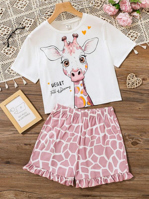 SHEIN Teen Girls Cartoon Giraffe Print Round Neck Short Sleeve Shorts Loose Casual Pajama Set, 2 Pieces