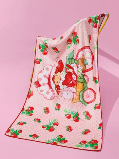 Strawberry Shortcake X SHEIN Toalla de baño/playa con estampado de fresa, tamaño extra grande, absorbente y de secado rápido, para decoración del baño en el hogar y uso en verano
