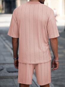 Manfinity Homme 2pcs Men's Solid Color V-Neck Short Sleeve T-Shirt And Shorts Casual Suit - Pink - View 2