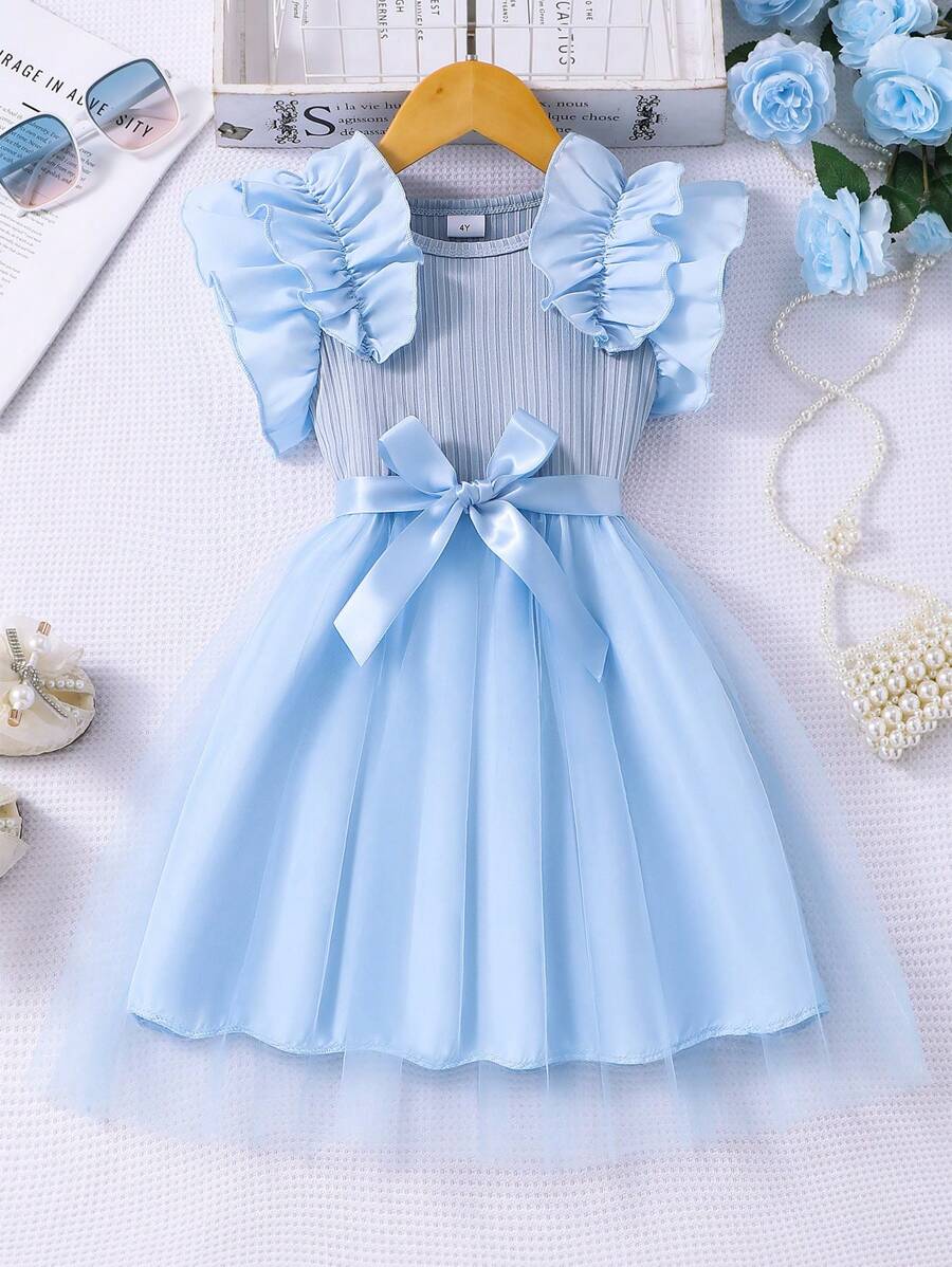 Glamorique Kids Young Girl' Cap Sleeve Ribbed Mesh Round Neck Princess Versatile Summer Dress, With Belt - Blue - View 1