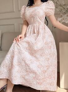 DAZY 女士优雅提花泡泡袖连衣裙优雅挤奶女工裙太阳裙 - 白色 - 查看 1