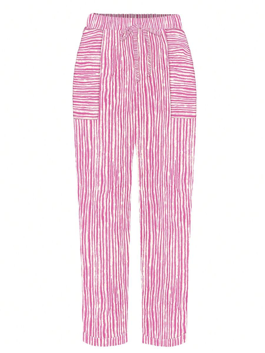SHEIN LUNE Plus Size Drawstring Pocket Striped Design Straight Casual Pants Western Wear Fall Cloth For Women - Hot Pink - View 1