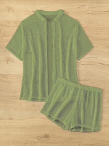 SHEIN Swim 2pcs Women Vacation Solid Color Short Sleeve Kimono Robe And Shorts Set For Summer - Green - View 5