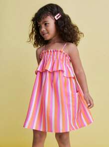 SHEIN Vestido de tirantes finos con volantes y bolsillo con rayas para niñas jóvenes - Multicolor - Ver 4