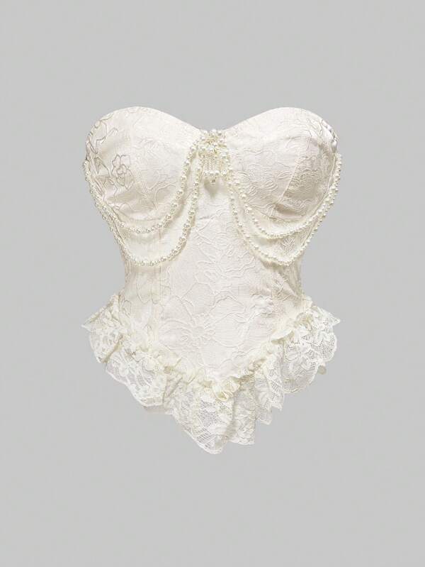 ROMWE Kawaii Renaissance Vintage Palace Style Lace Satin Pearl Brooch Decor Blouse For Women, Apricot Color