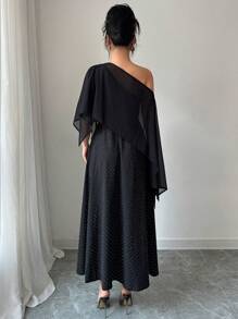Elenzga Elegant Glamorous Shiny Open Shoulder Gathered Waist Dress - Black - View 2