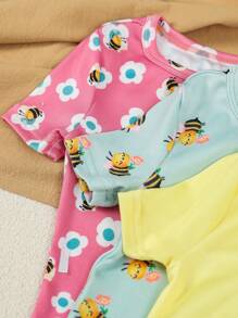 3 Stücke Baby/Baby Mädchen süßer Bienen-Muster Kurzarm-Jumpsuit Outfit mit Reißverschluss, eng anliegender Romper